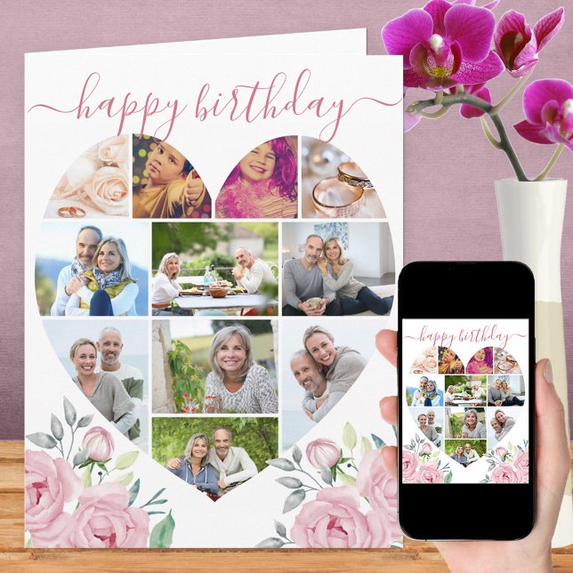 Heart Shaped 11 Photo Collage Pink Peony Birthday Card (Creator Uploaded)