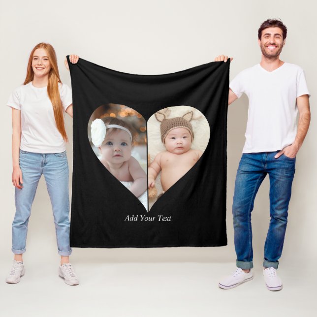 Heart Shaped 2 Photo Collage Fleece Blanket (In Situ)