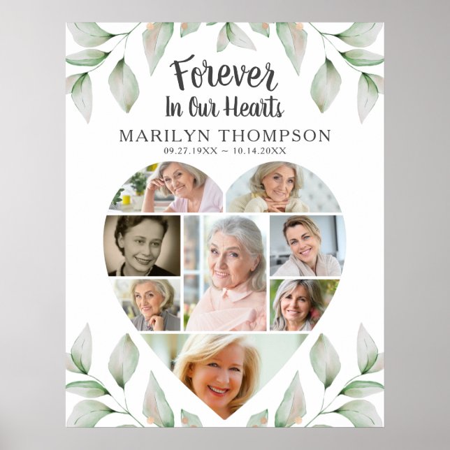 Heart Shaped 8 Photo Collage Memorial Greenery Poster (Front)
