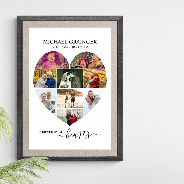 Heart Shaped 9 Photo Collage Memorial Funeral Poster (Funeral memorial poster to order professionally printed or as a printable digital download)
