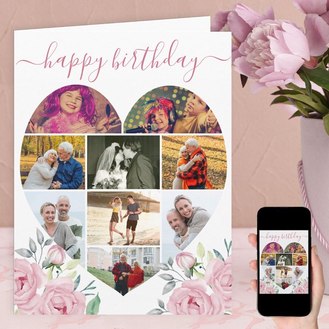 Heart Shaped 9 Photo Collage Pink Peony Birthday Card (Creator Uploaded)