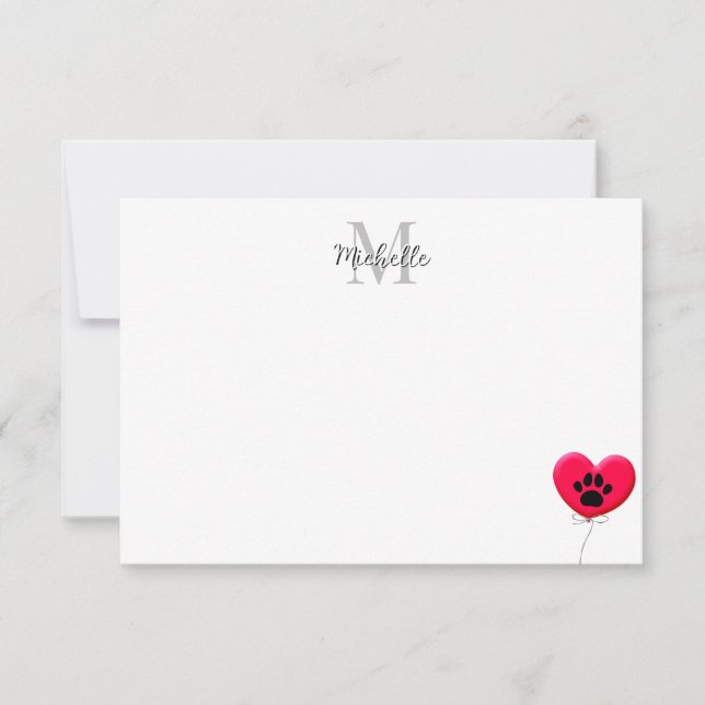 Heart Shaped Balloon Dog Paw Monogram Card (Front)