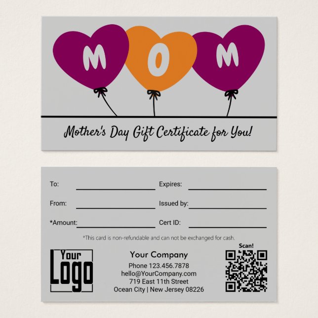 Heart-shaped Balloon Mother's Day Gift Certificate (Front & Back)