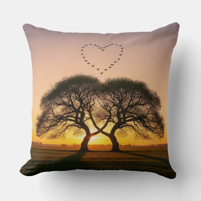 Heart-Shaped Bird Flock at Sunset – Romantic Cushion (Front)