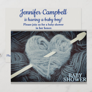 heart-shaped blue yarn baby boy shower invitation