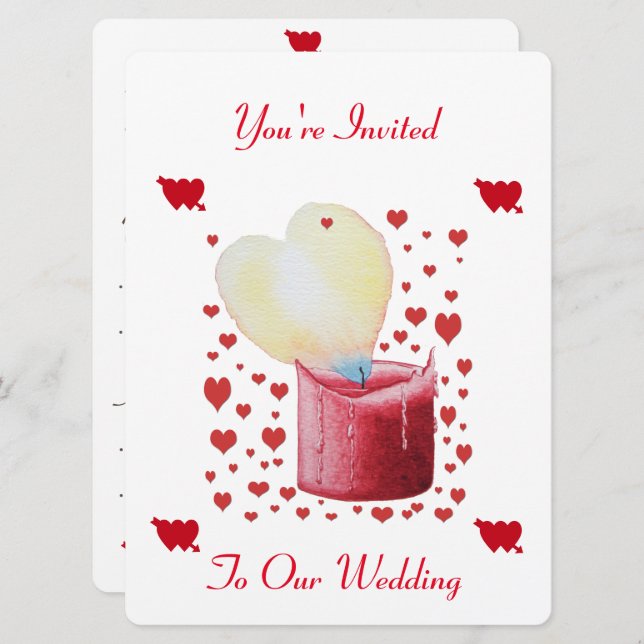 heart shaped buring flame red candle wedding invitation (Front/Back)