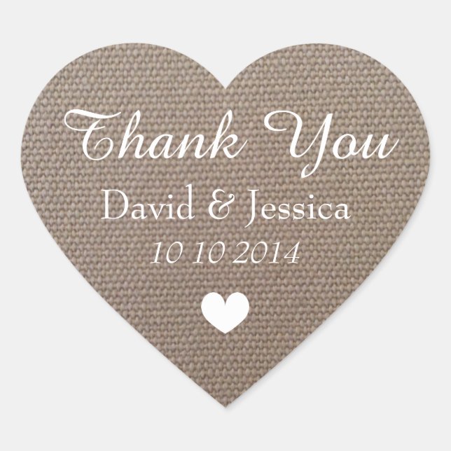 Heart shaped burlap wedding thank you stickers (Front)
