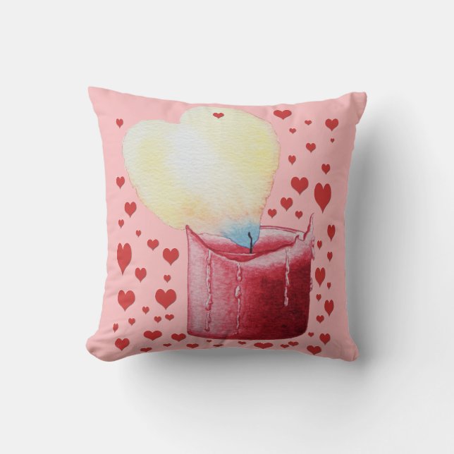 heart shaped flame red candle art pink cushion (Front)