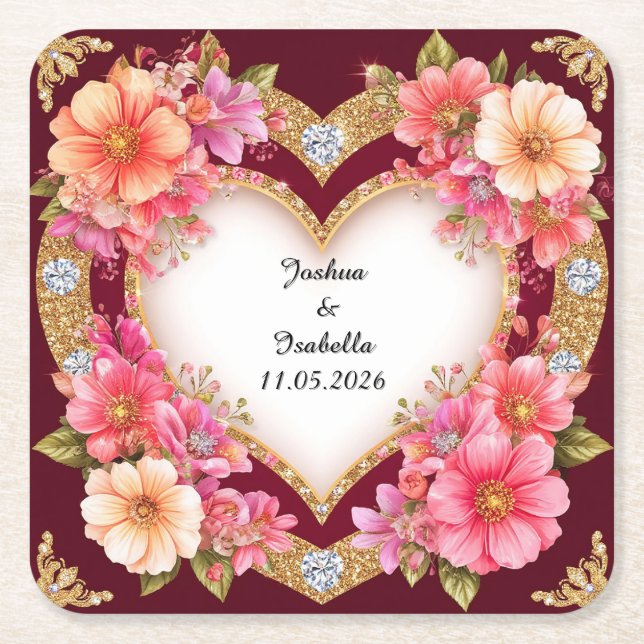 Heart-Shaped Floral Arrangement Square Paper Coaster (Front)