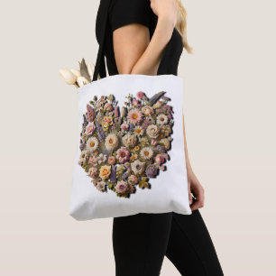Heart-Shaped Floral Botanical Tote Bag