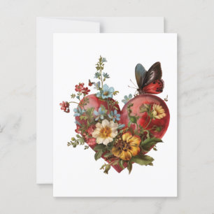 Heart-shaped floral butterfly illustration postcard