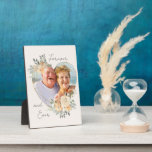 Heart Shaped Floral Gold Frame Photo Plaque<br><div class="desc">Custom Photo plaque displaying your favourite photo in a geometric heart shaped gold frame. The frame is decorated with watercolor bouquets of cream and apricot flowers. It is lettered with the wording "forever and ever" in elegant casual, handwritten script on a neutral, almond white background, all of which you can...</div>