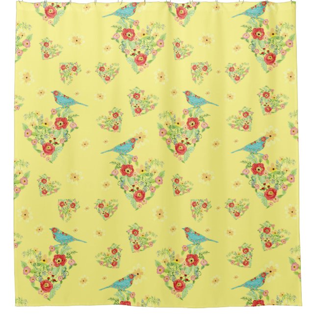 Heart Shaped Flower Fern Leaf Daisy Patterned Bird Shower Curtain (Front)