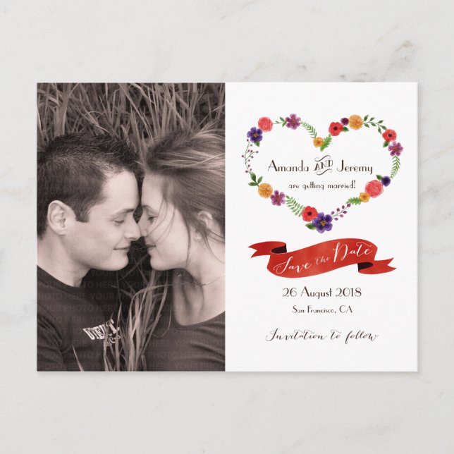 Heart-Shaped Flower Wreath Rustic Wedding Announcement Postcard (Front)
