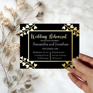 Heart Shaped Flowers on Black Gold Foil rehearsal  Invitation Postcard