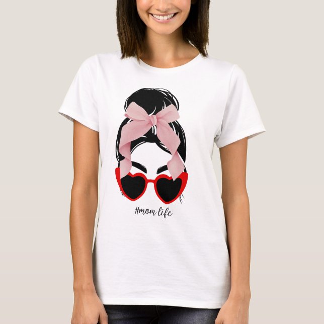 Heart-Shaped Glasses, Pink Bow, and Messy Bun  T-Shirt (Front)