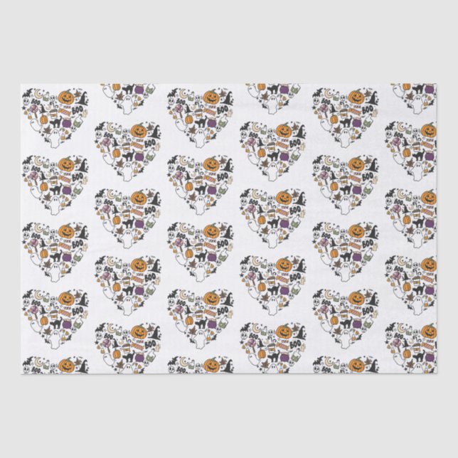 Heart Shaped Halloween Pattern White Halloween Tissue Paper (Front)