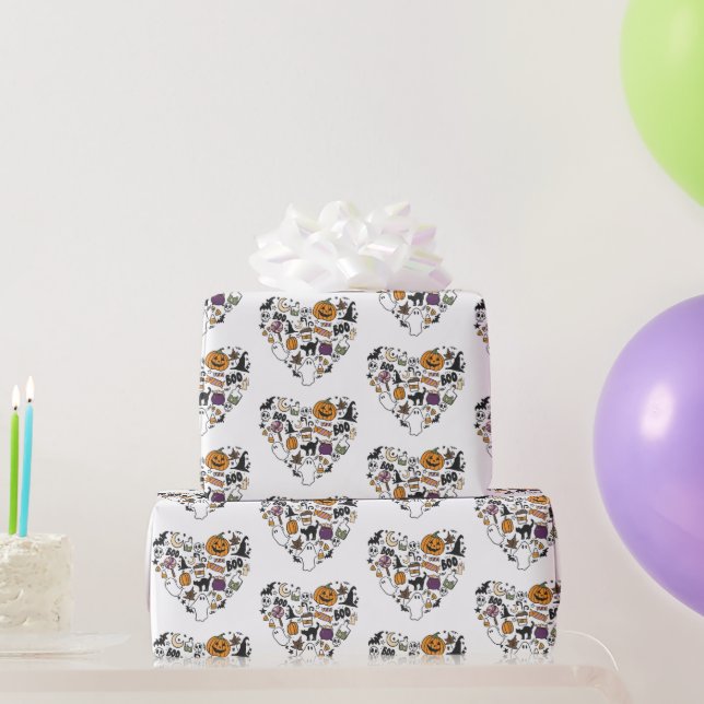 Heart Shaped Halloween Pattern White Halloween Wrapping Paper (Party Gifts)