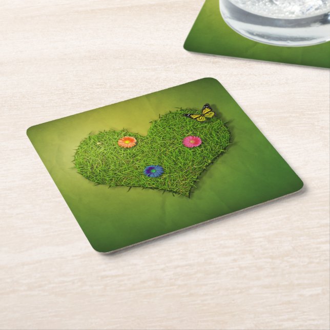 Heart-Shaped Lawn Flowers Butterfly Square Paper Coaster (Angled)