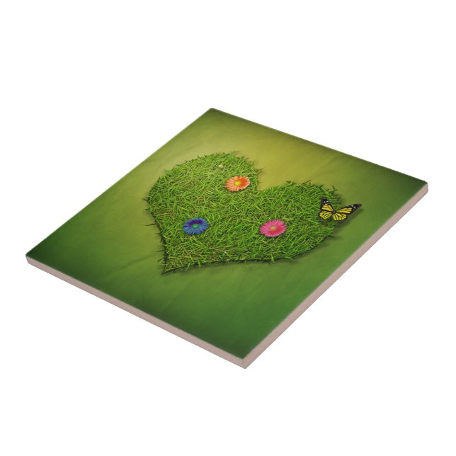 Heart-Shaped Lawn Flowers Butterfly Tile (Side)