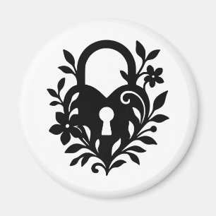 Heart-Shaped Lock Silhouette with Floral Accents Magnet
