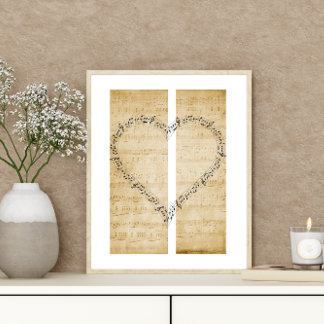 Heart-Shaped Music Notes on Vintage Sheet Music Poster