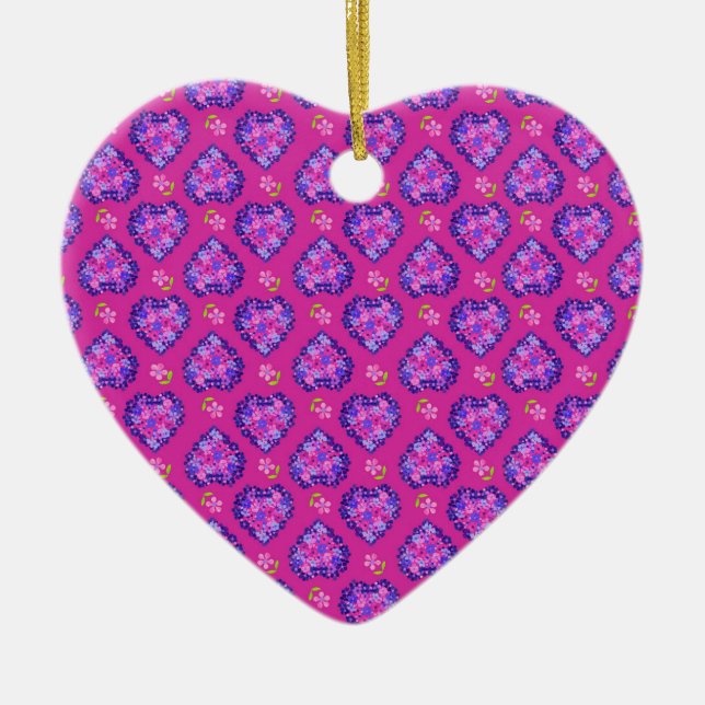 Heart-shaped Ornament, Magenta Hearts and Flowers Ceramic Tree Decoration (Front)