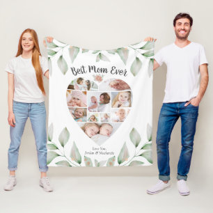 Heart Shaped Photo Collage Best Mum Ever Greenery Fleece Blanket