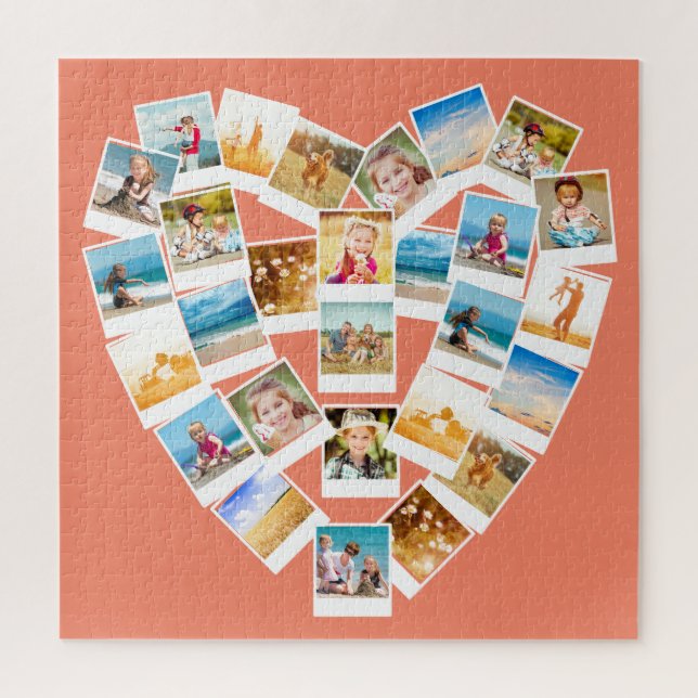 Heart Shaped Photo Collage Family Photos Coral Jigsaw Puzzle (Vertical)
