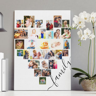 Heart Shaped Photo Collage Family Script White Canvas Print