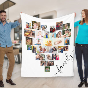 Heart Shaped Photo Collage Family Script White Fleece Blanket