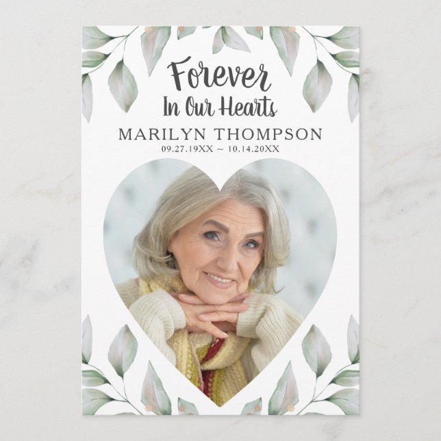 Heart Shaped Photo Watercolor Greenery Memorial Programme (Front)