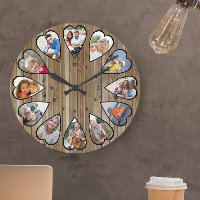 Heart Shaped Photos Modern Brown Wood Large Clock (Photo clock with 12 heart shaped photos. Unusual design for your home and a thoughtful photo gift.)