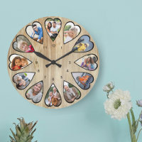 Heart Shaped Photos Pine Effect Round Large Clock