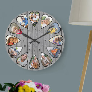 Heart Shaped Photos Rustic Grey Wood Large Clock