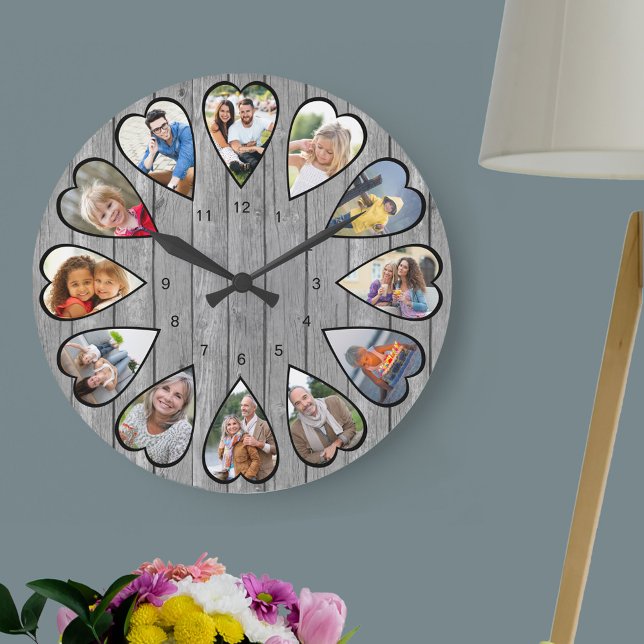 Heart Shaped Photos Rustic Grey Wood Large Clock (Photo clock with 12 heart shaped photos. Unusual design for your home and a thoughtful photo gift.)