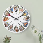 Heart Shaped Photos White Round Large Clock<br><div class="desc">Create your own multi photo clock. The photo template is set up for you to add 12 photos which are displayed in a heart shaped frame. The design uses portrait vertical photos for all numbers except 3 and 9 which are in landscape horizontal format. The colour palette is black and...</div>