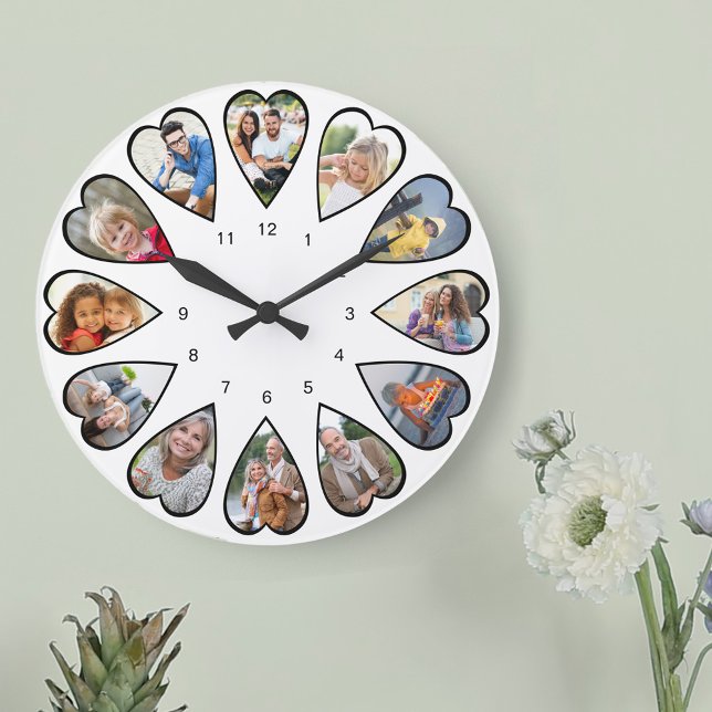 Heart Shaped Photos White Round Large Clock (Photo clock with 12 heart shaped photos. Unusual design for your home and a thoughtful photo gift.)