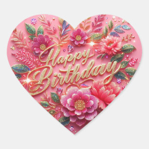 Heart Shaped Pink Floral Glitter Birthday Sticker