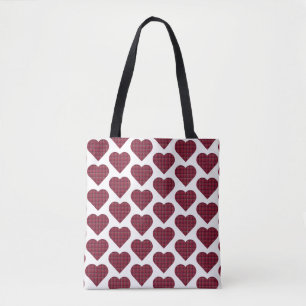 Heart Shaped Plaid Dark Red Burgundy Tote Bag