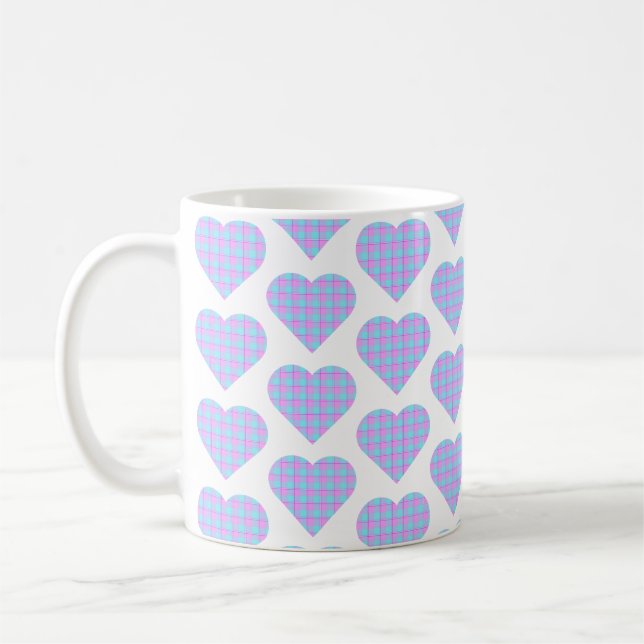 Heart Shaped Plaid Light Blue Pink Coffee Mug (Left)