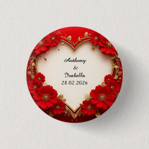 Heart-Shaped Red Floral Frame with Glitter 3 Cm Round Badge