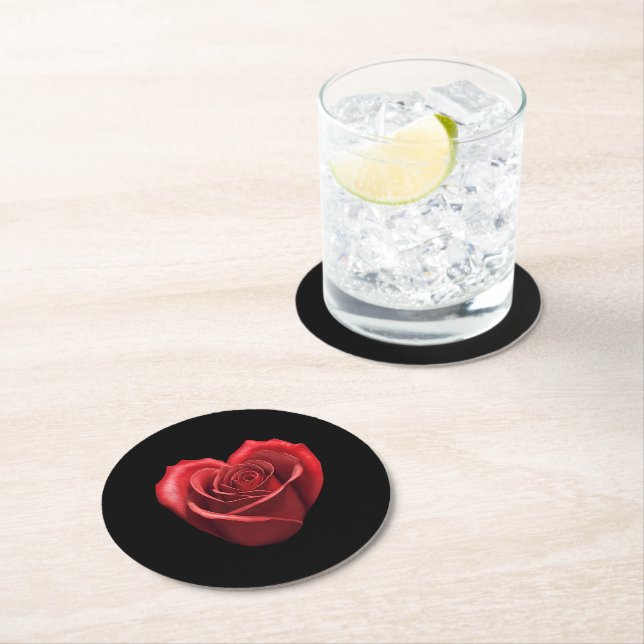 Heart Shaped Red Rose-Wedding Round Paper Coaster (Insitu)