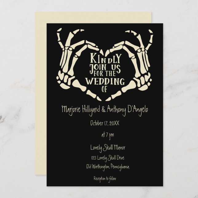 Heart Shaped Skeleton Hands Creepy Goth Wedding In Invitation (Front/Back)