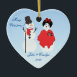 Heart Shaped Snowman Couple Christmas Ceramic Tree Decoration<br><div class="desc">Heart Shaped Snowman & Woman Dressed To Party Christmas Ornament for couples,  newlyweds and special couples.  Snowman and woman drawing by Claudine Boerner with some accents released under CC0 license.</div>