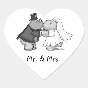 Heart shaped Sticker Hippo Bride and Rhino Groom