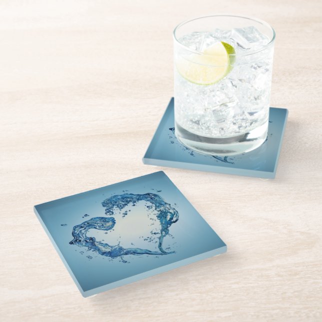 Heart-Shaped Water Splashes Glass Coaster (Angled)