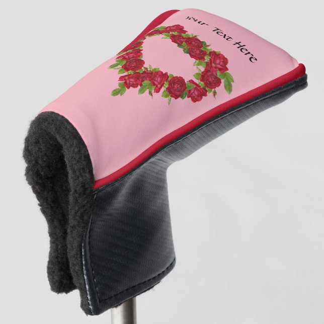 Heart Shaped Wreath of Pretty Red Roses on Pink Golf Head Cover (3/4 Front)