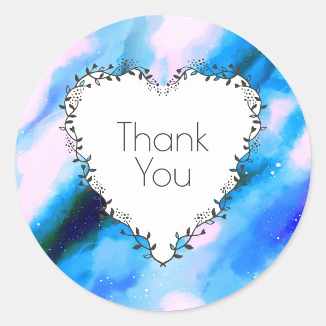 Heart Shaped Wreath On Blue Abstract Thank You Classic Round Sticker (Front)