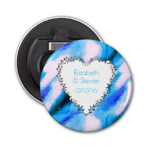 Heart Shaped Wreath On Blue Abstract Wedding Bottle Opener